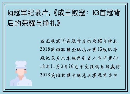 ig冠军纪录片;《成王败寇：IG首冠背后的荣耀与挣扎》